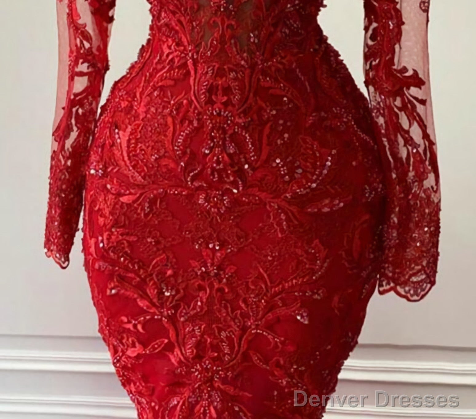 Arabic Aso Ebi Red Luxurious Lace Beaded Evening Dresses, Mermaid Long Sleeves Prom Dresses, Vintage Formal Party Second Reception Gowns Secondary image