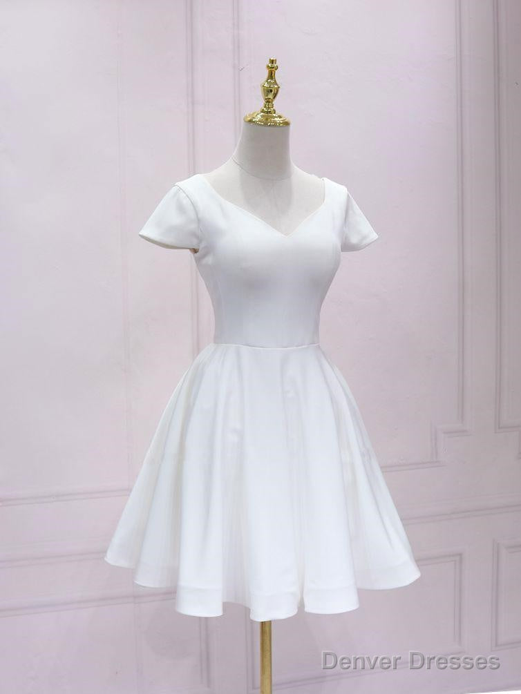 White V Neck Satin Lace Short Prom Dress, White Homecoming Dress Main image