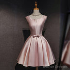 Cute Pink Satin Short Simple Knee Length Pink Short Prom Dresses