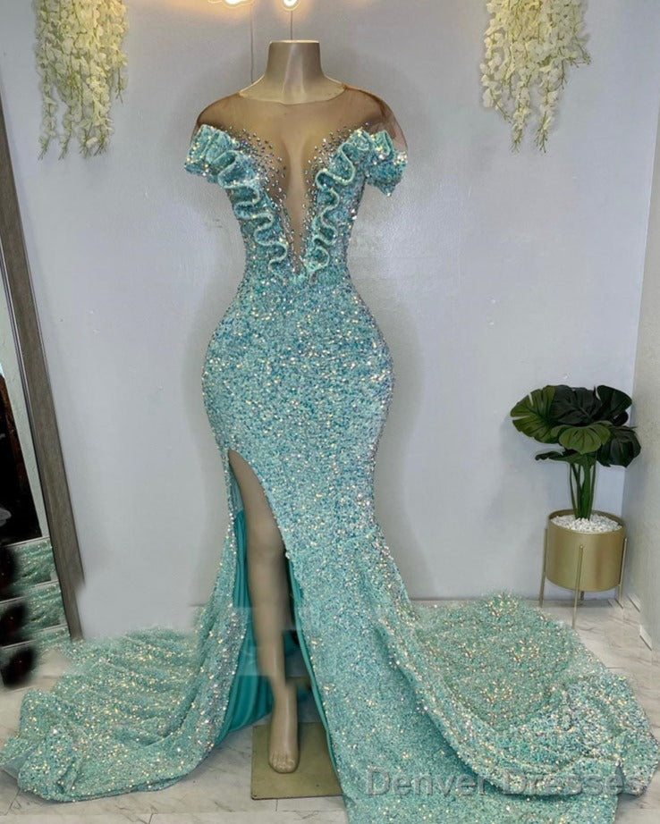 Sequins Light Blue Prom Dresses, Mermaid Prom Dresses, Ruffle  Side Slit Custom Make Evening Dresses Main image
