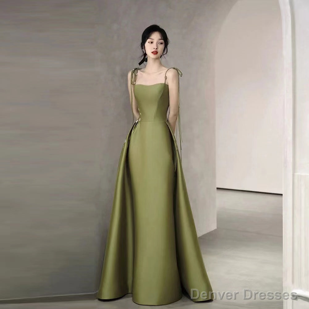 Simple A Line Straps Dark Green Satin Prom Dress Main image