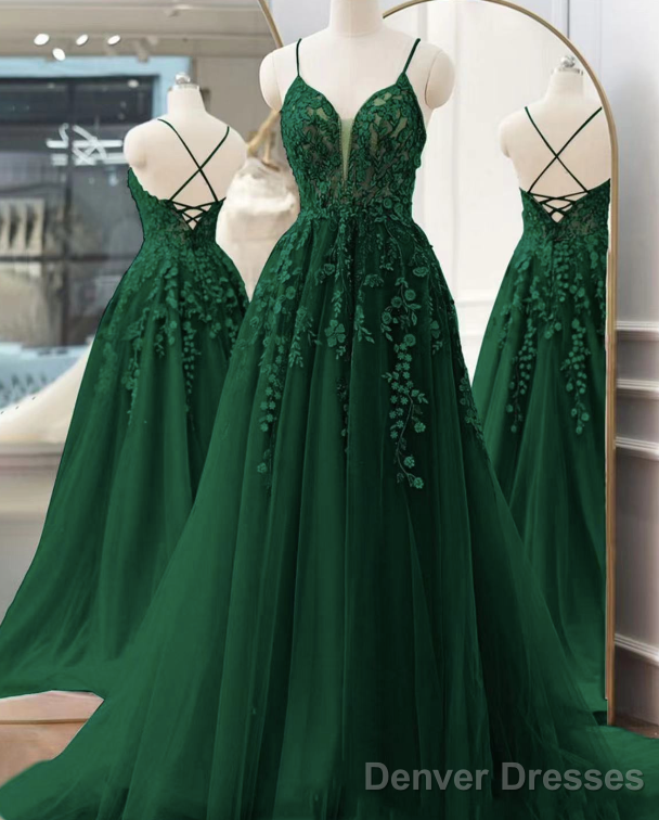 Spaghetti Strap Green Prom Dresses Lace Applique A Line Elegant Prom Gown Pageant Dresses For Women Main image
