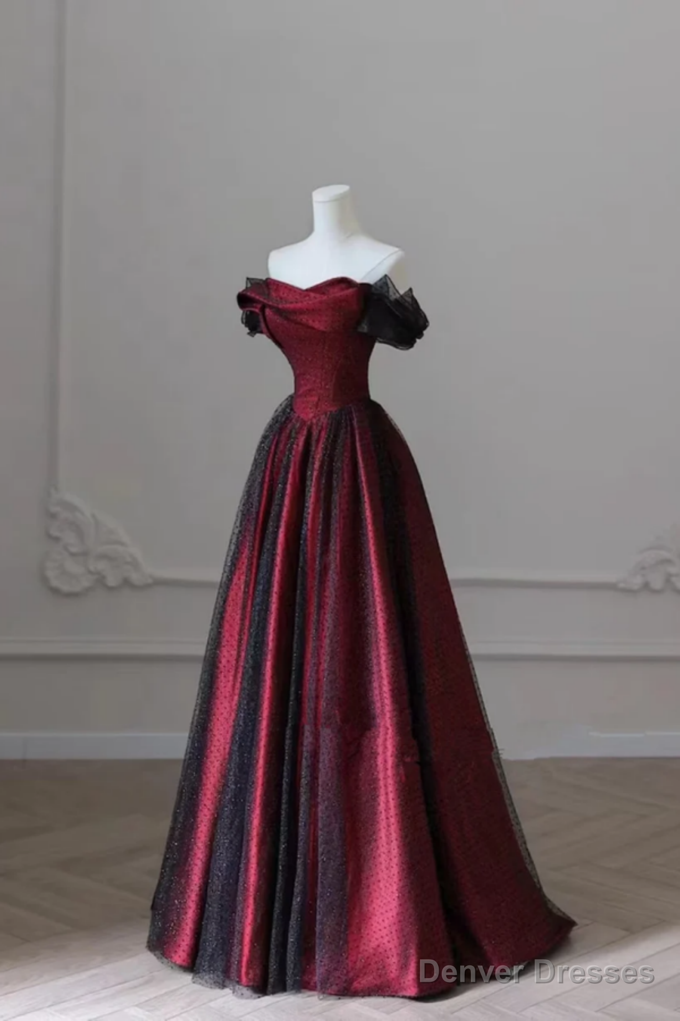 Black And Red Off Shoulder Satin Long Prom Dress, Off The Shoulder Party Dress Main image