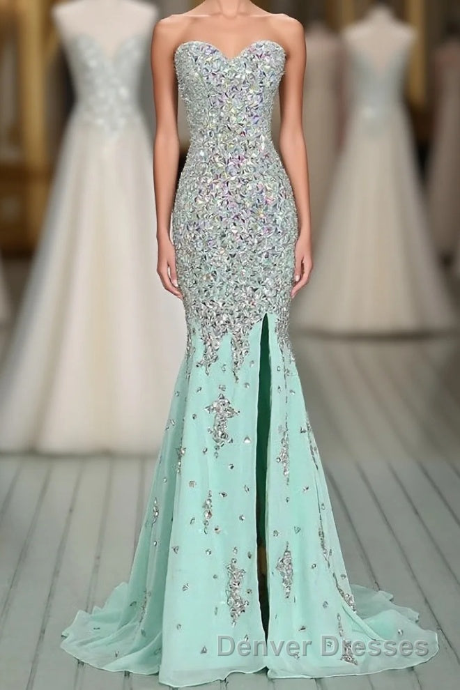 High Quality Mermaid Rhinestones Long Sexy Sweetheart Front Split Mint Chiffon Trumpet 2024 Prom Dress