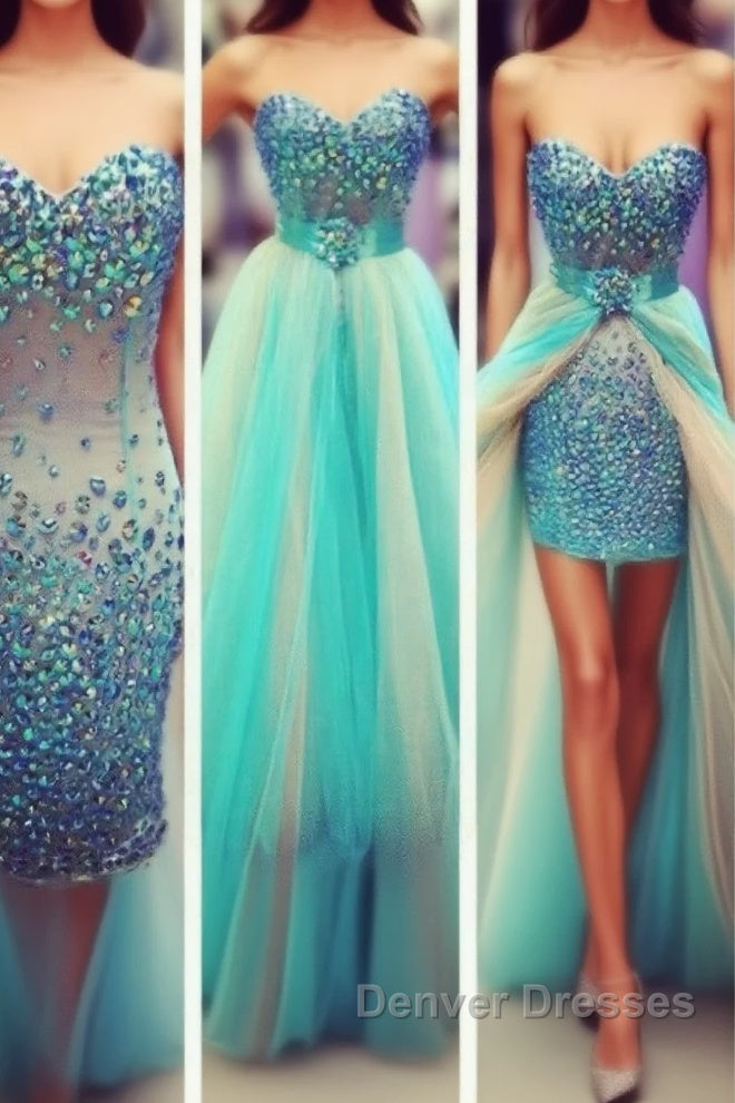 Sexy Colored Crystal Rhinestones Removable Skirt Sheath Long Heavy Beadings Green Champagne Long Prom Dress