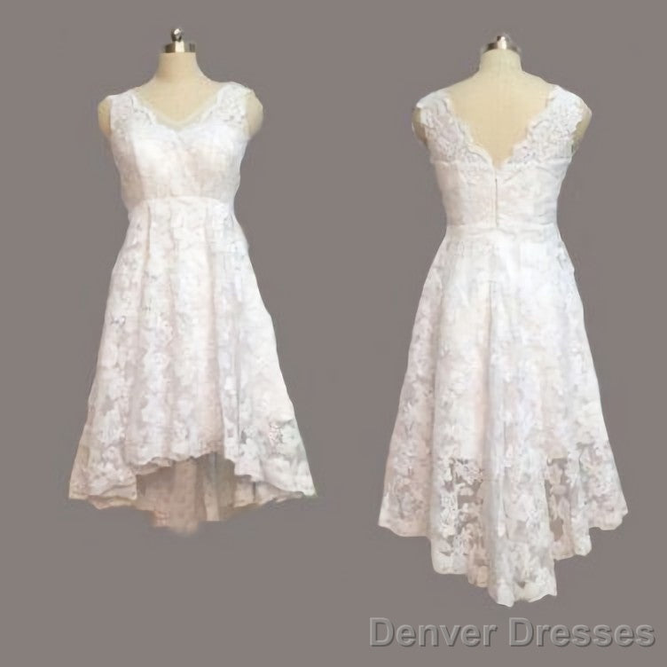 Vintage Ivory Lace Front Short Long Back Beach V Neck High Low Short Outside Wedding Dresses Main image