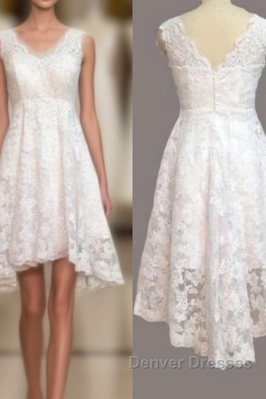 Vintage Ivory Lace Front Short Long Back Beach V Neck High Low Short Outside Cheap Wedding Dress