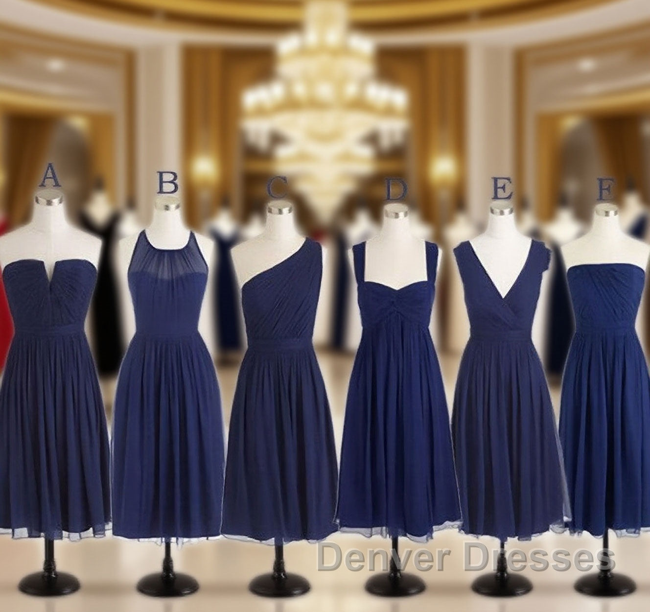 Short Navy Blue Chiffon Mismatch Maid Of Honor Girls Group In Knee Length Simple Cheap Prom Dress