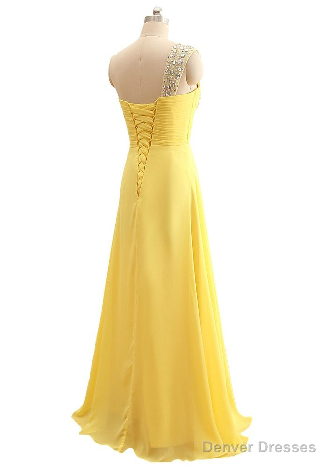 Elegant One Shoulder Yellow Chiffon Beaded Pleat Long Bridesmaid Dresses Main image