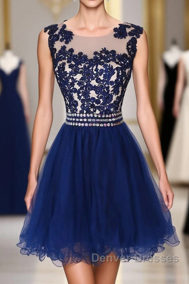 Navy Blue Lace Short With Waist Beadings Royal Blue Custom Made Mini Length Women Skirt Prom Dress Main image