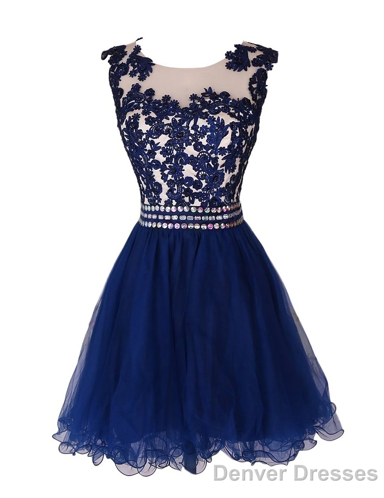 Navy Blue Lace Short With Waist Beadings Royal Blue Custom Made Mini Length Women Skirt Prom Dresses Main image