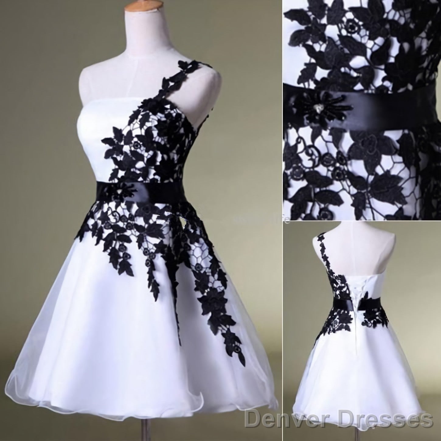 Vintage Black Lace White Organza Short One Shoulder Belt Custom Made Prom Dresses Main image