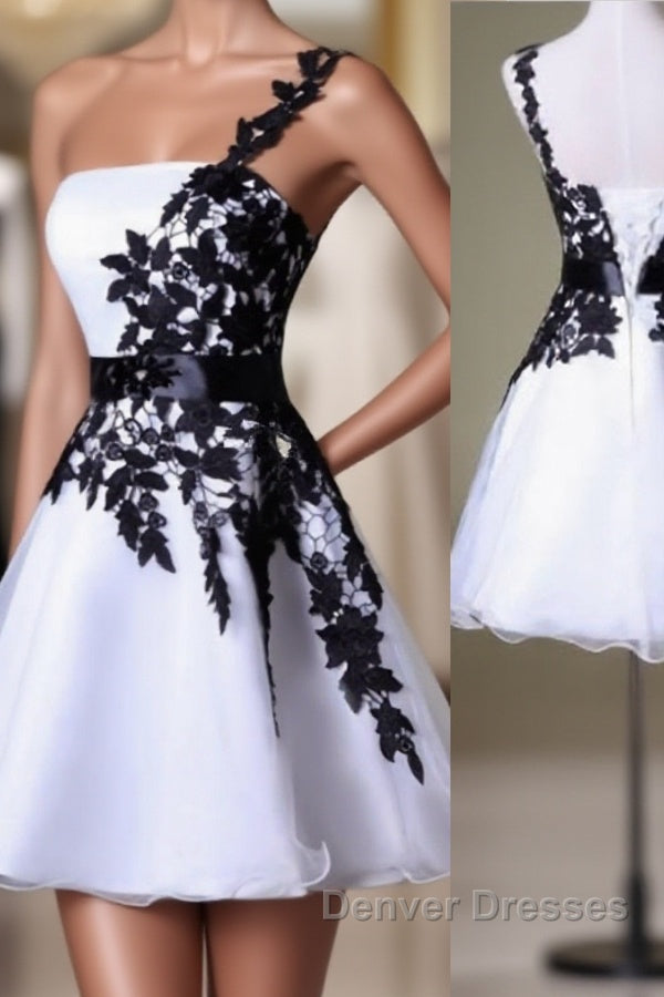Hot Sales Vintage Black Lace White Organza Short One Shoulder Belt Custom Made Hd021 Prom Dress Main image