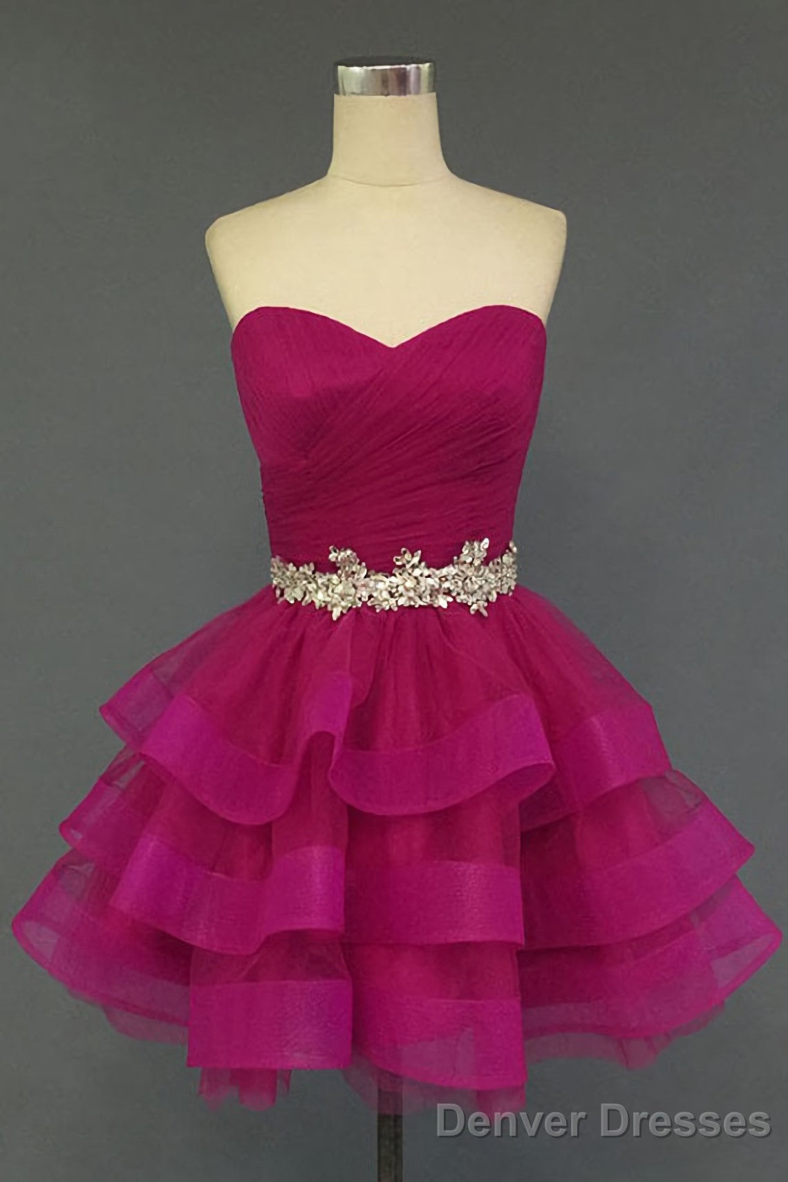 Hot Pink Organza Sweetheart Neckline Short Beadings Belt Tiered Rose Red Layers Prom Dresses Main image