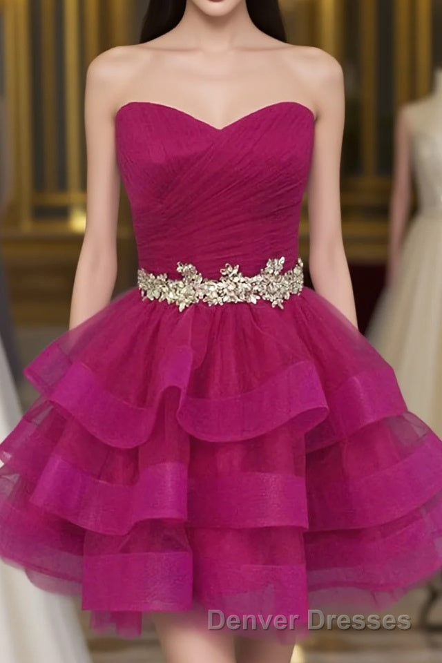 Hot Pink Organza Sweetheart Neckline Short Beadings Belt Tiered Rose Red Layers Prom Dress Main image