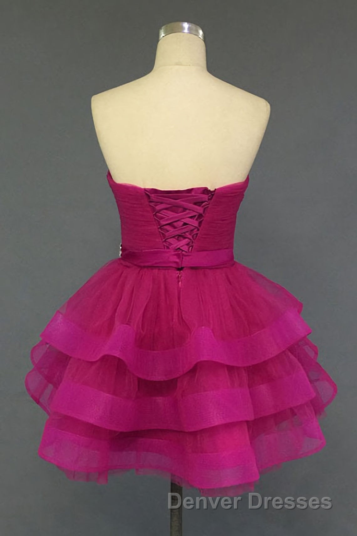 Hot Pink Organza Sweetheart Neckline Short Beadings Belt Tiered Rose Red Layers Prom Dress Secondary image