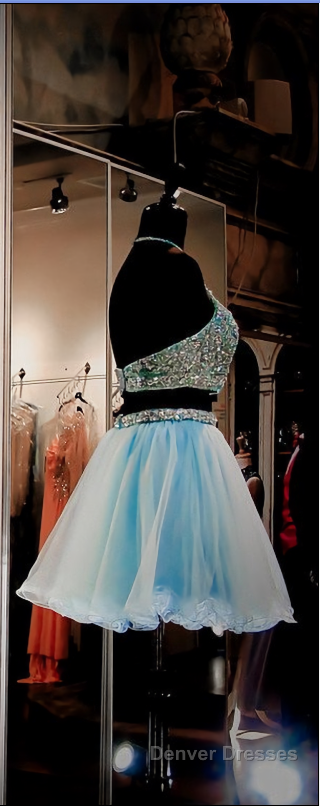 Two Pieces Light Blue Short High Neck Open Back Rhinestones Mid Section Sky Blue Prom Dress
