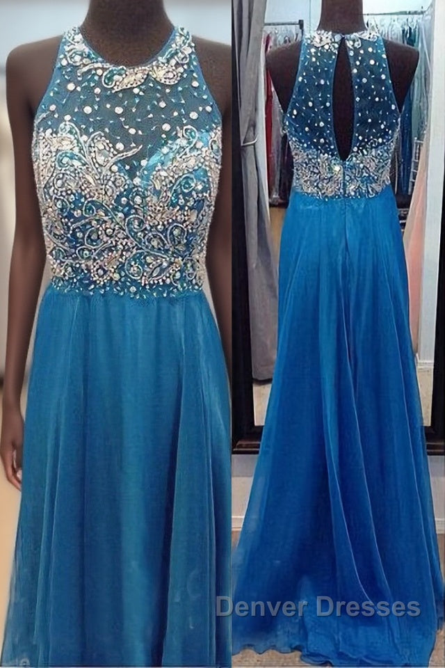 High Neck See Through O Back Dark Blue Chiffon Long Open Back Beaded Crystal A Line Bodice Sexy Prom Dress