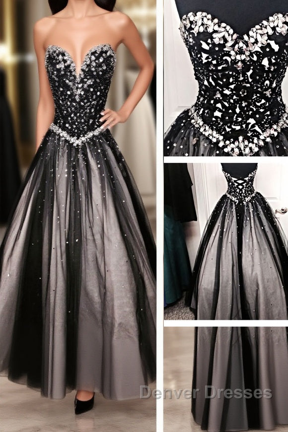Black White Tulle Long Sweetheart Beaded Bodice For Teens Juniors Prom Dress Main image