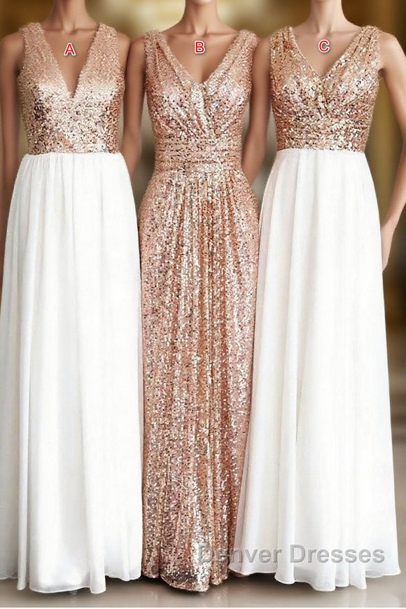 Rose Gold Sequin White Chiffon V Neck Sexy Long Elegant Simple Prom Dress Main image