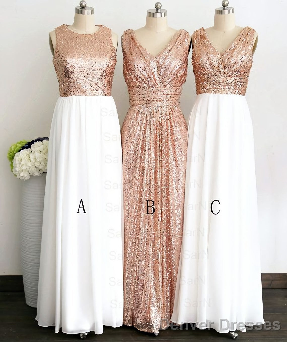 Rose Gold Sequin White Chiffon V Neck Sexy Long Elegant Simple Prom Dresses Secondary image