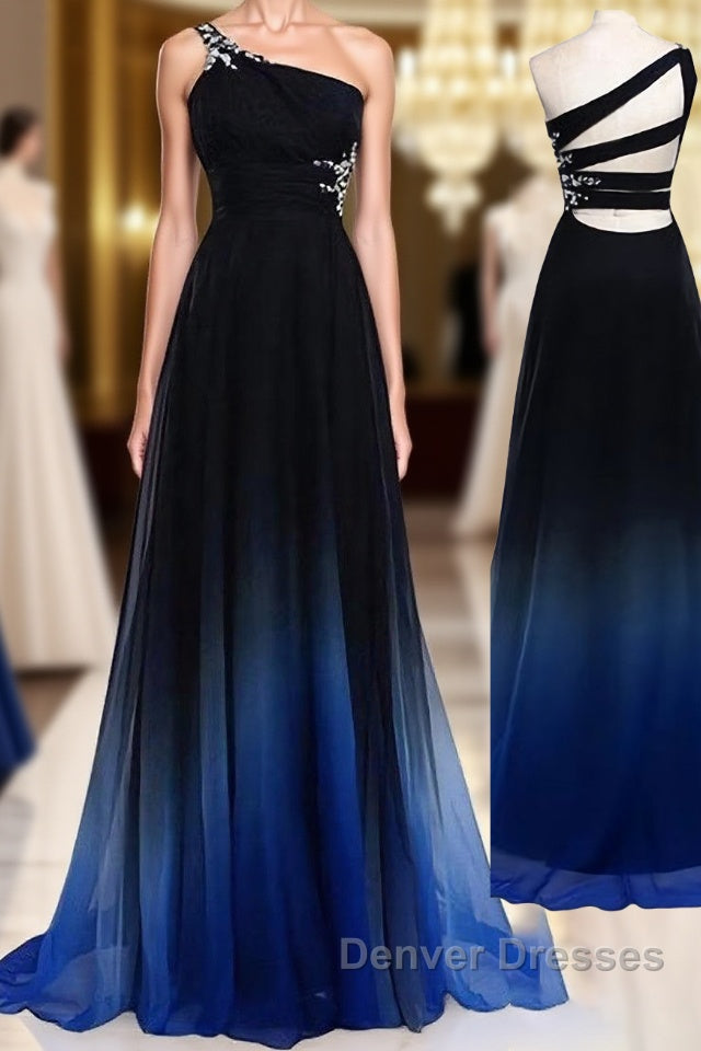 One Shoulder Navy Blue Royal Blue Ombre Gradient Color Chiffon Long Ombre For Sweet 16 Prom Dress Main image