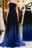 One Shoulder Navy Blue Royal Blue Ombre Gradient Color Chiffon Long Ombre For Sweet 16 Prom Dress