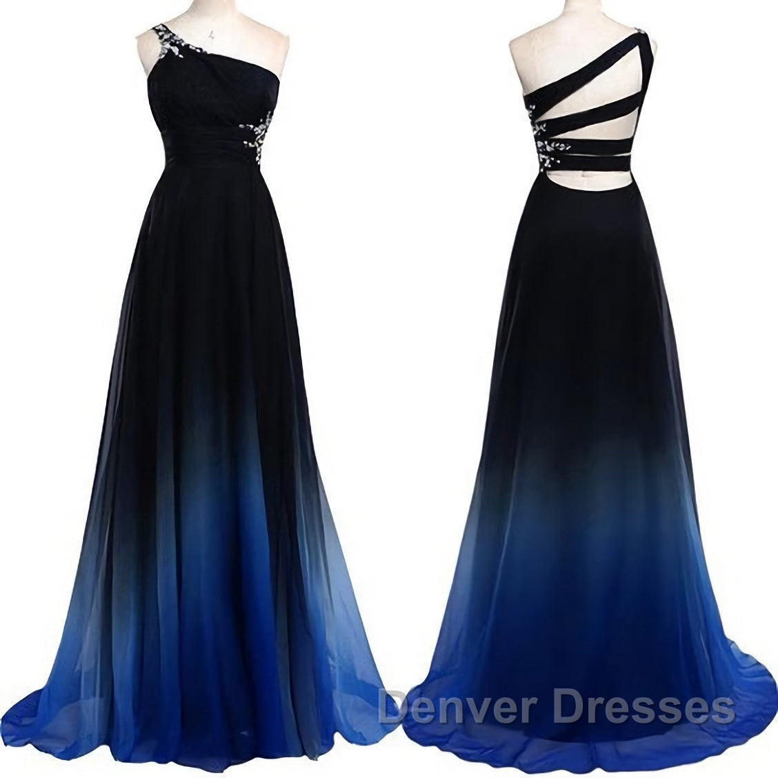 One Shoulder Navy Blue Royal Blue Ombre Gradient Color Chiffon Long Ombre For Sweet 16 Prom Dress Secondary image