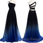 One Shoulder Navy Blue Royal Blue Ombre Gradient Color Chiffon Long Ombre For Sweet 16 Prom Dress