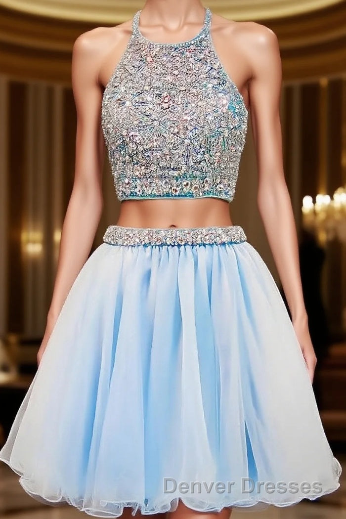 2024 Beautiful Short Two Pieces Light Sky Blue Halter Open Back For Teens Prom Dress
