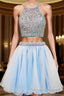 2024 Beautiful Short Two Pieces Light Sky Blue Halter Open Back For Teens Prom Dress