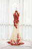 Charming Red Lace And Champagne Tulle Halter Elegant Sparkly Prom Dresses