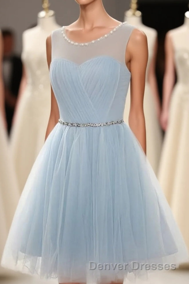 Simple Light Blue Short Tulle Cheap Elegant Charming Homecoming Dress