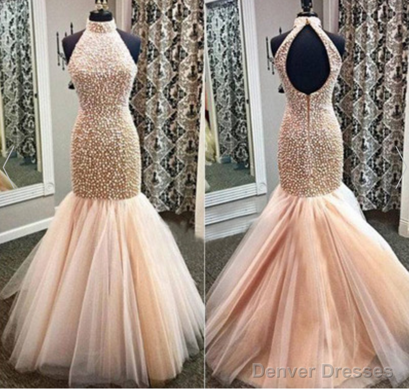 Champagne Mermaid Tulle Beading Mermaid Backless Prom Dresses With Beading For Teens Secondary image