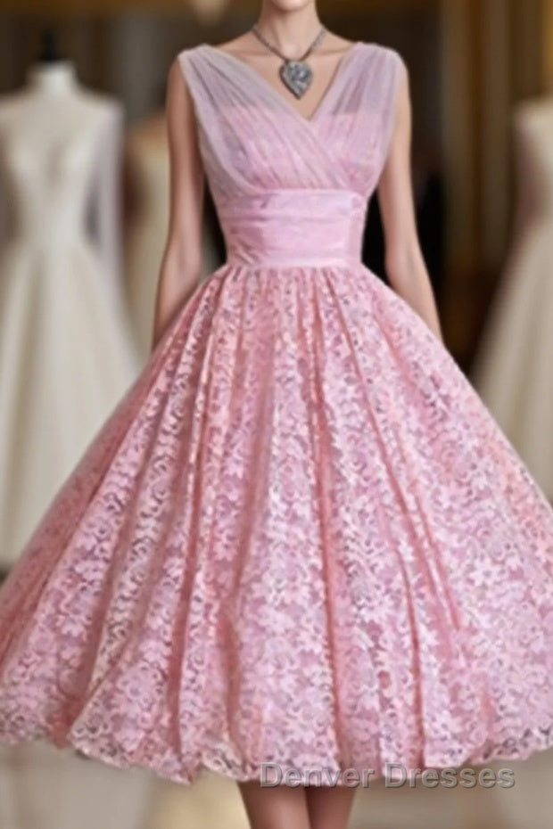 V Neck Lace High Low A Line Vintage Cheap Cute Short Prom Dress Main image