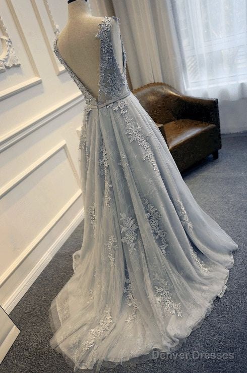 gray blue lace wedding dress elegant blue gown a line lace tulle custom made wedding dress Main image