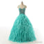Spaghetti Straps Lace Up Beaded Long Prom Dress, Crystal Turquoise Ball Gown Prom Dress, Cascading Ruffles Tulle Prom Dress