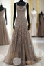 Mermaid Lace Up Brown Tulle Modest Beading V Neck Prom Dress