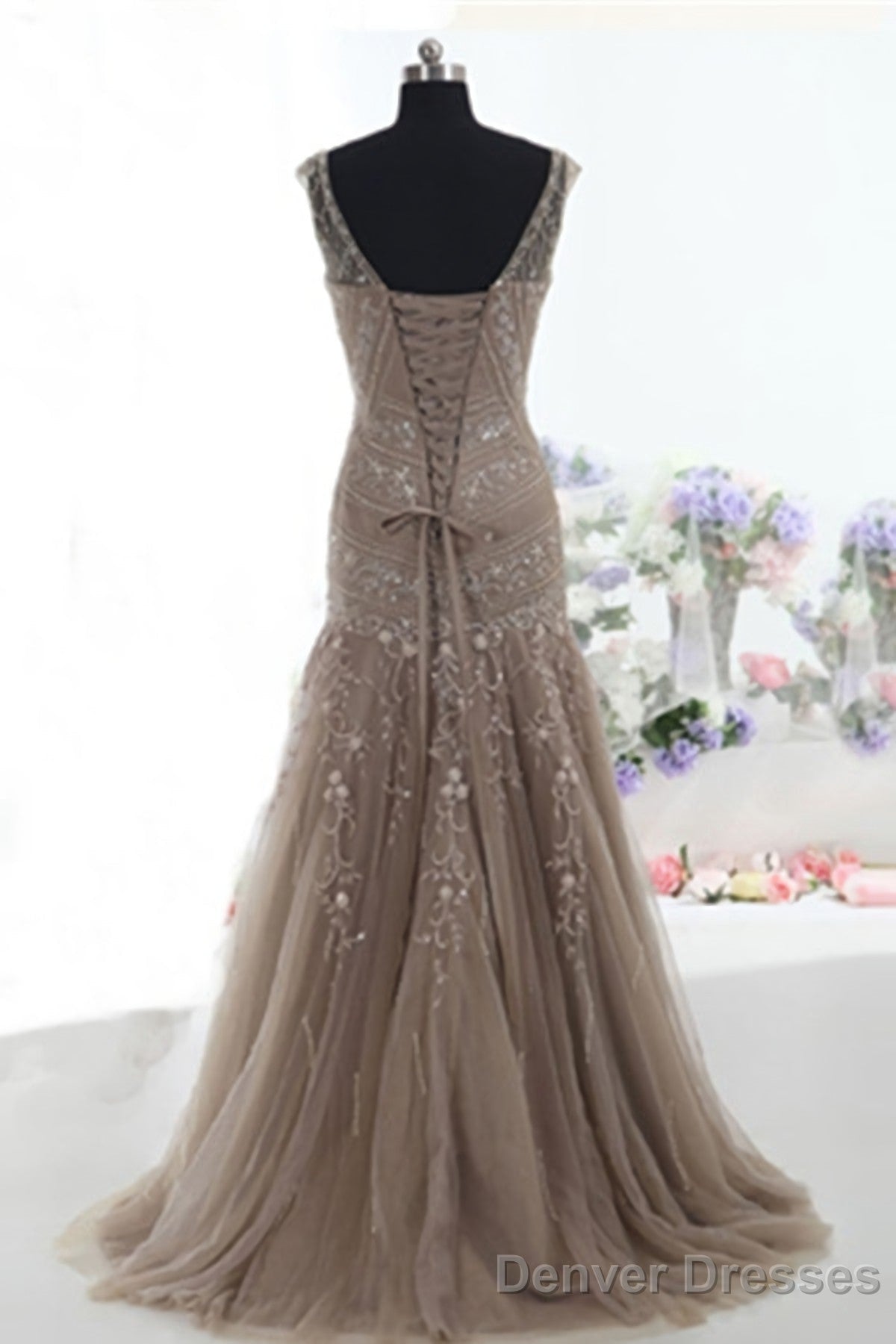 Mermaid Lace Up Brown Tulle Modest Beading V Neck Prom Dresses Secondary image