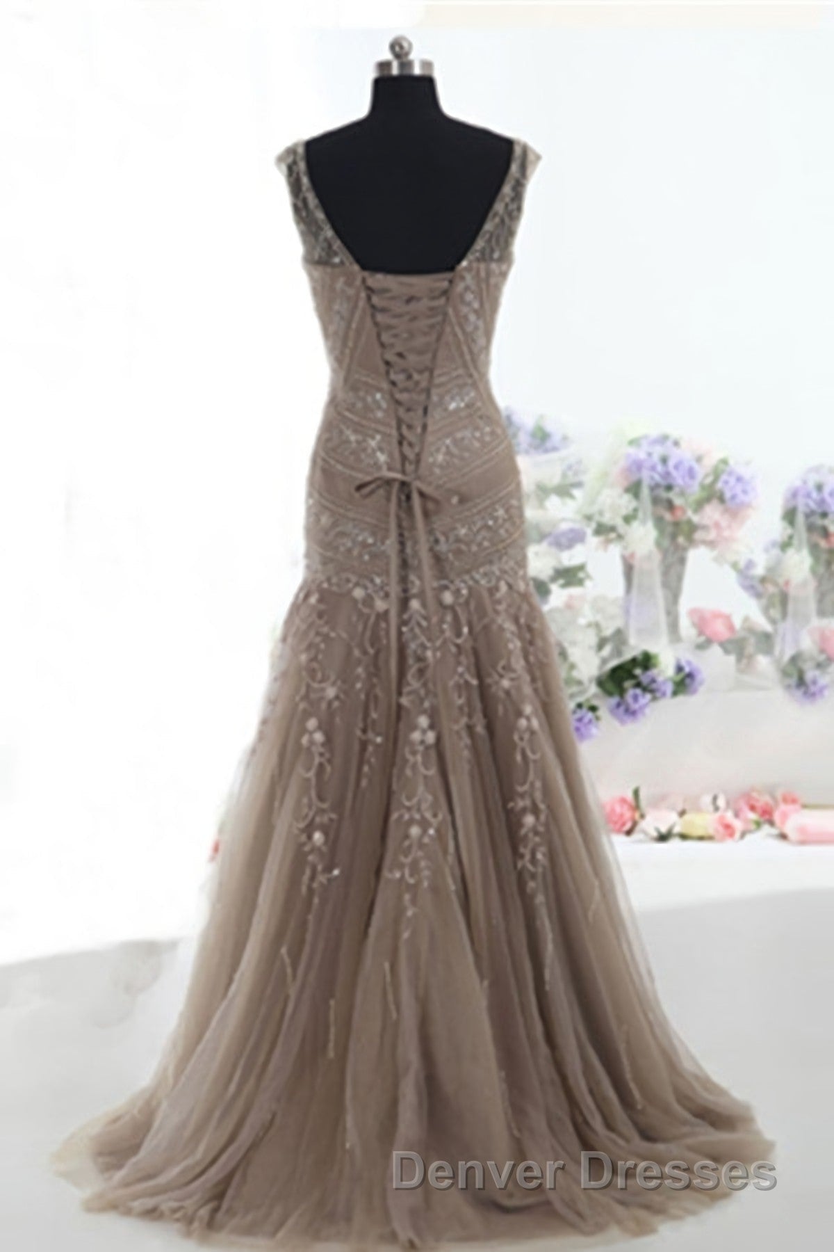 Mermaid Lace Up Brown Tulle Modest Beading V Neck Prom Dress Secondary image