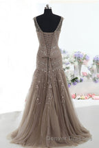 Mermaid Lace Up Brown Tulle Modest Beading V Neck Prom Dress