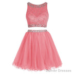 Bateau Neck Illusion Pink Short Crystal Beaded Two Piece Sequined Crop Top Tulle Mini Prom Dresses