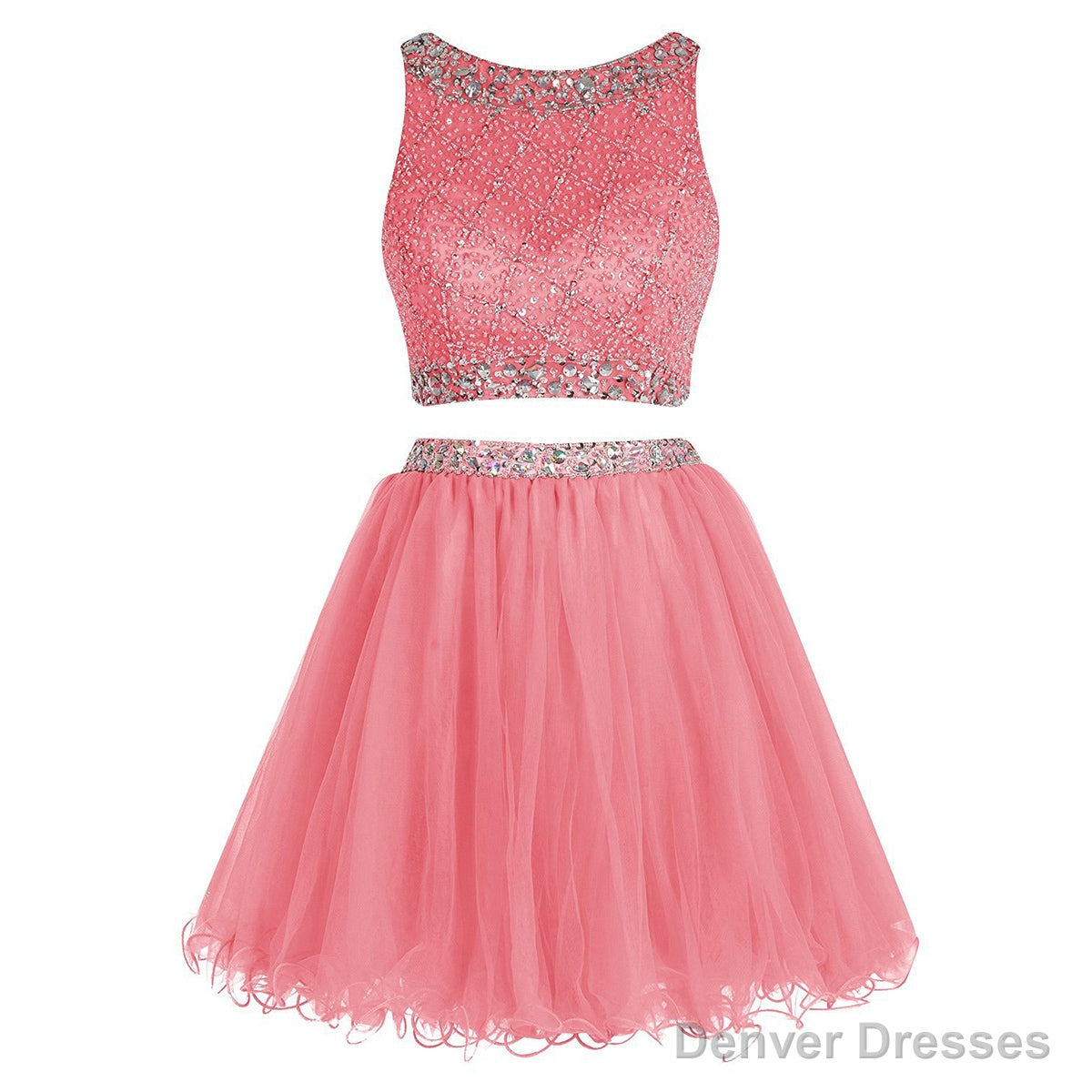 Bateau Neck Illusion Pink Short Crystal Beaded Two Piece Sequined Crop Top Tulle Mini Prom Dresses