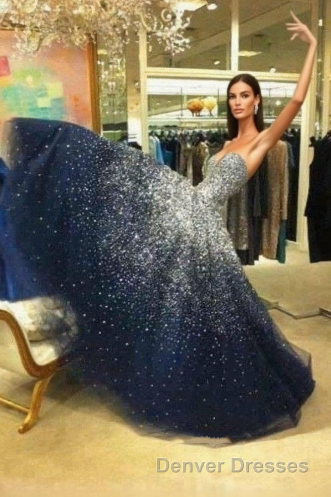 A Line Navy Blue Beading Tulle Prom Dress Main image