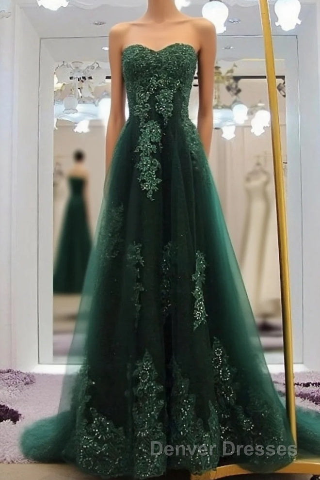Sweetheart Long Lace Green Sweep Train Lace Up Prom Dress Main image