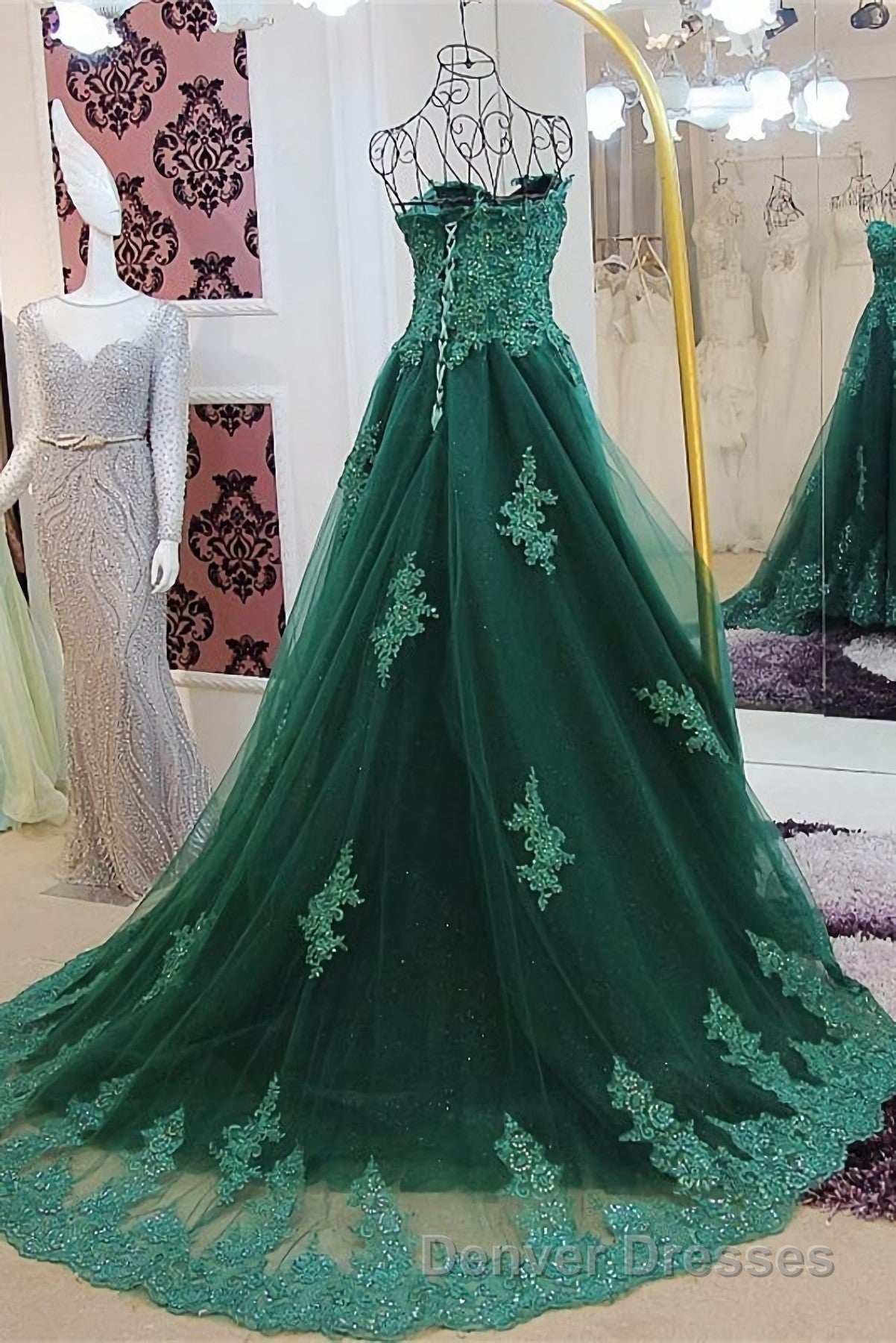Sweetheart Long Lace Green Sweep Train Lace Up Prom Dress Secondary image