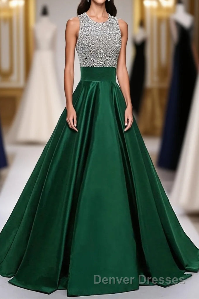 Satin Green Modest Beading Long For Teens Prom Dress Main image
