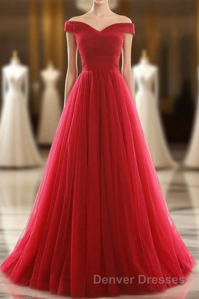 Off The Shoulder Red A Line Pleated Long Red Prom Dress