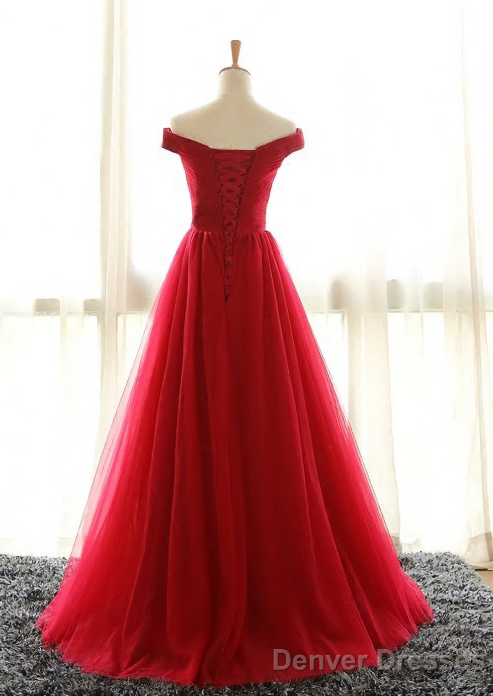 Off The Shoulder Red A Line Pleated Long Red Prom Dresses Secondary image