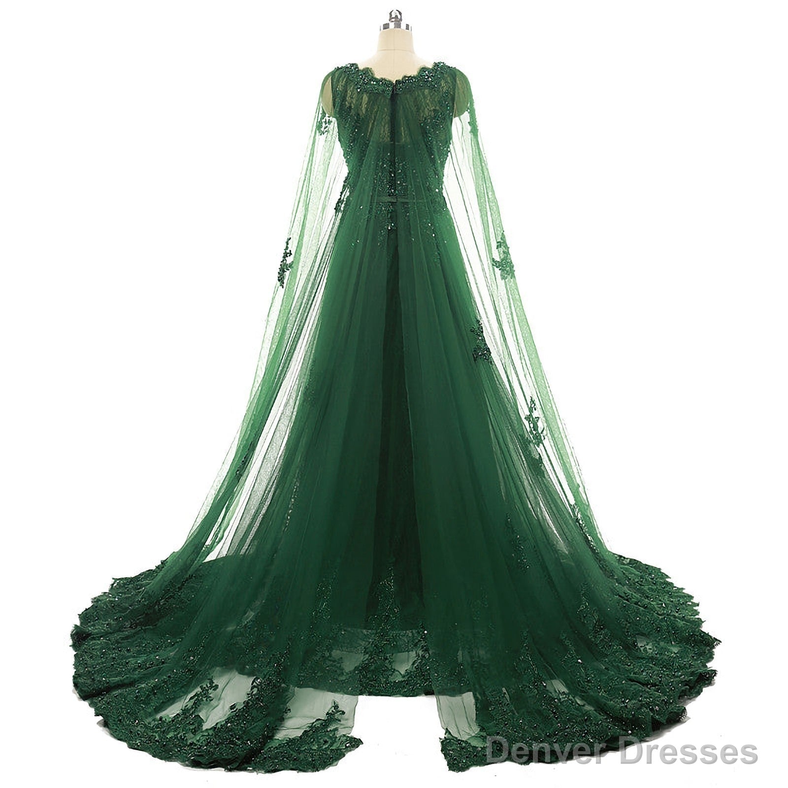 Elegant Women Beaded Lace With Long Appliques Tulle Cape Emerald Green Evening Dresses Main image